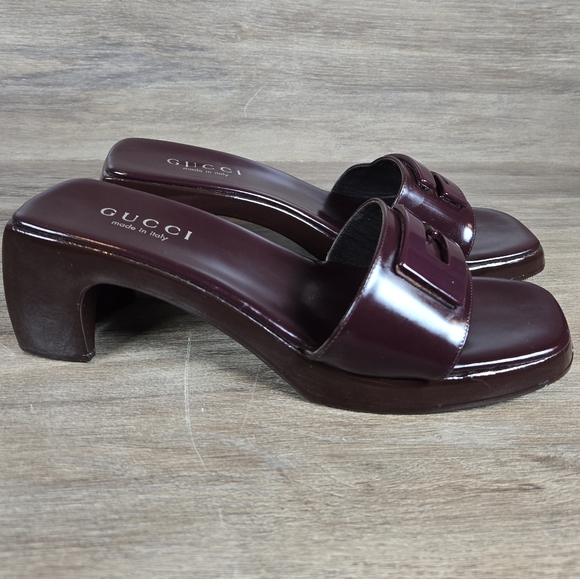 Authentic Gucci Plum Leather Wood Block Heel Slip On Slides Sandals Sz 37 US 6.5 - Picture 4 of 12